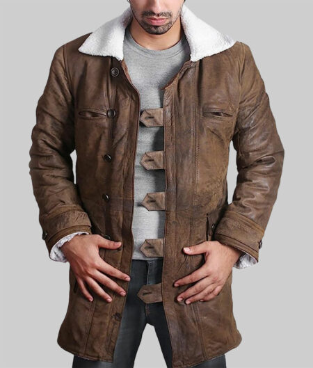 TDKR Bane Coat is Distressed Brown Leather aka Tom Hardy Shearling Trench Coat-1