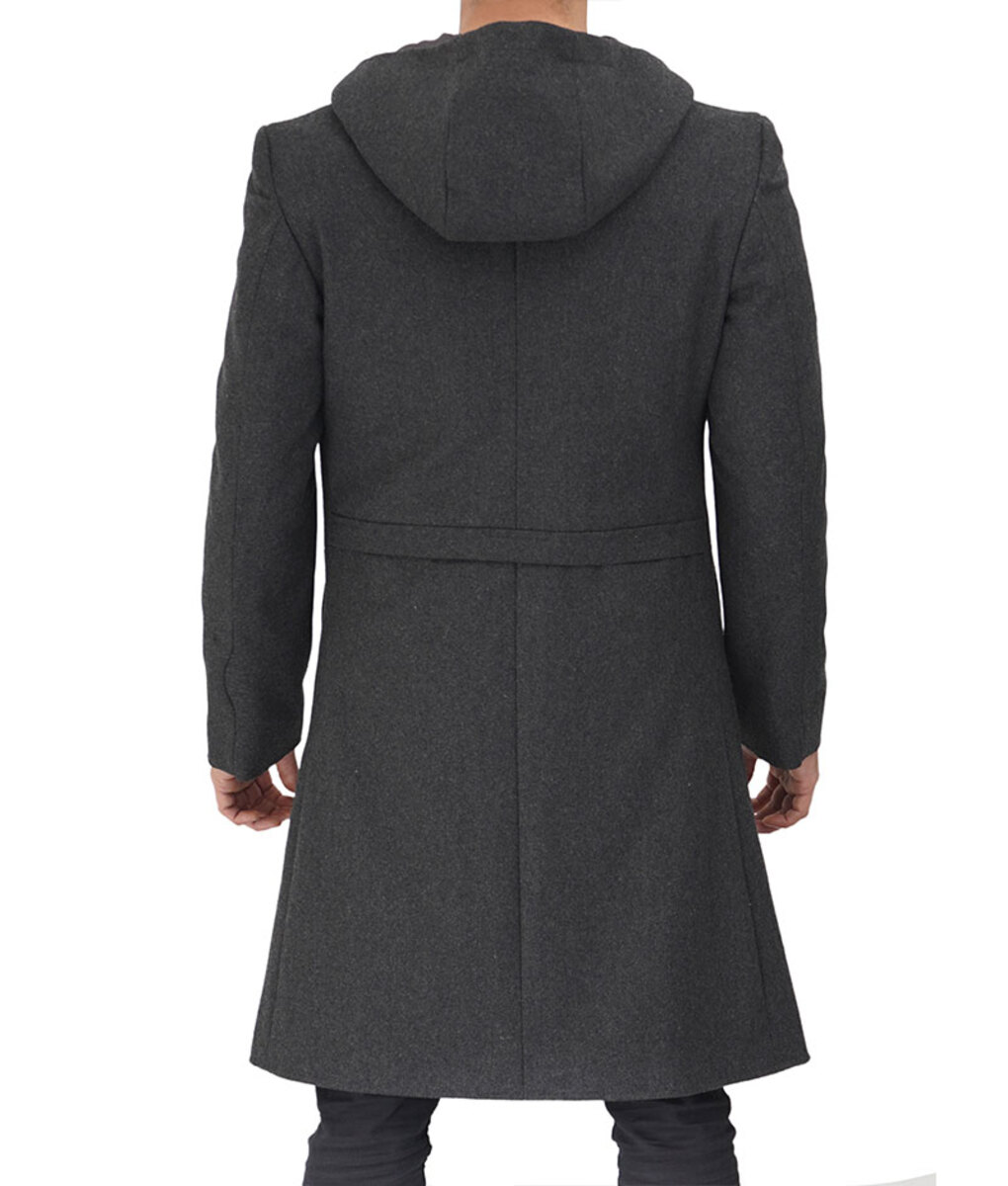 Mens Grey Wool Coat With Hood - FREE SHIPPING