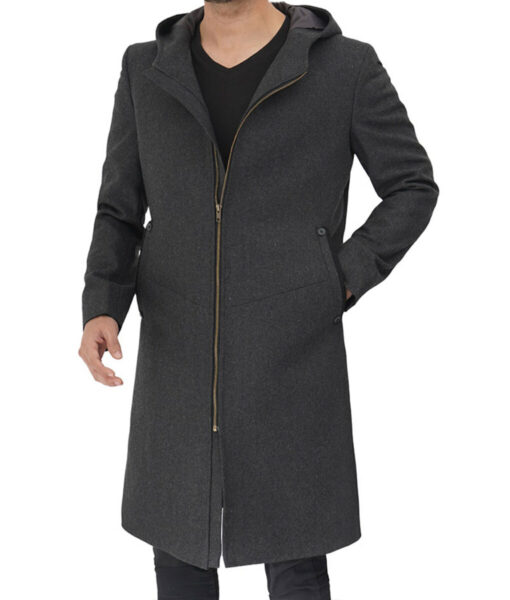 Mens Grey Wool Coat With Hood - FREE SHIPPING