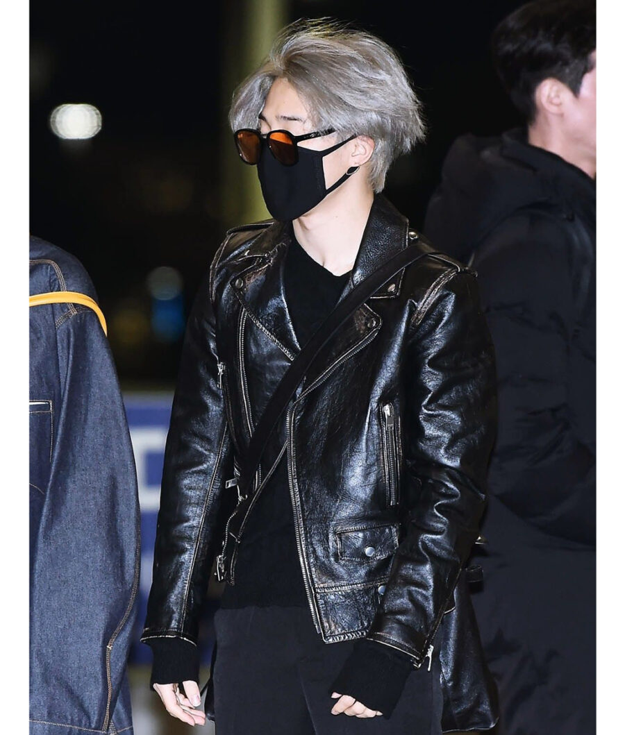 Airport Fashion K Pop Idols Jimin Black Leather Jacket