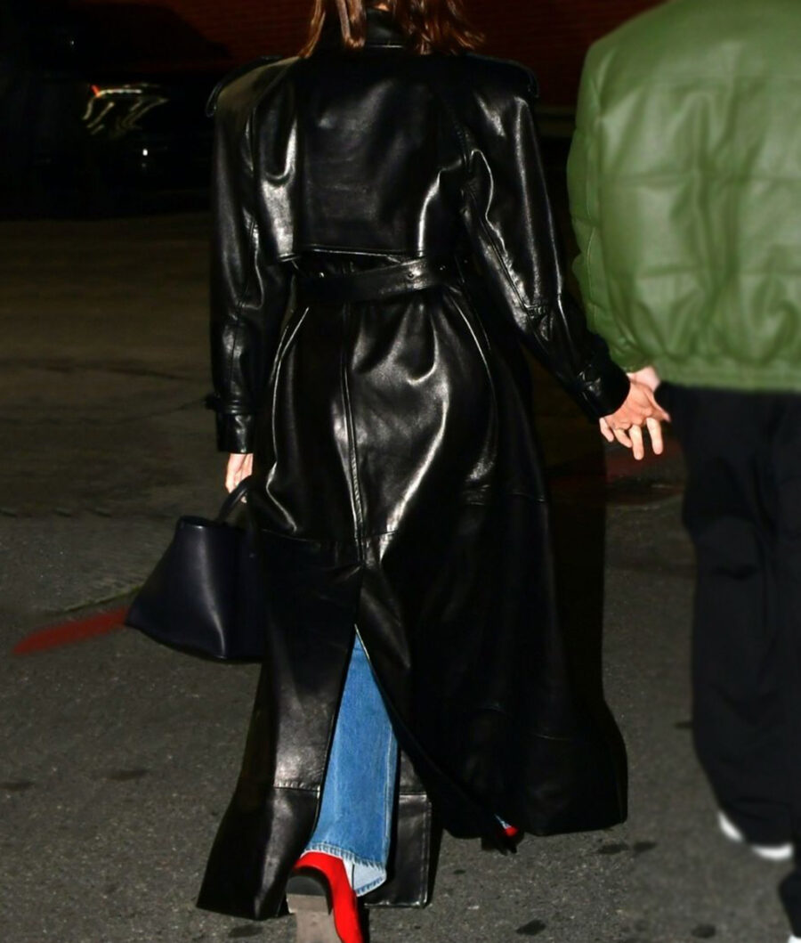 Hailey Bieber funke Black Leather Long Coat-2