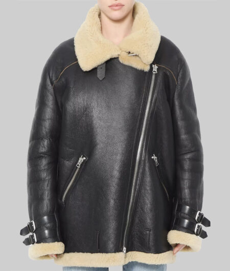 Chloe Madeley B3 Black Shearling Aviator Leather Jacket-2
