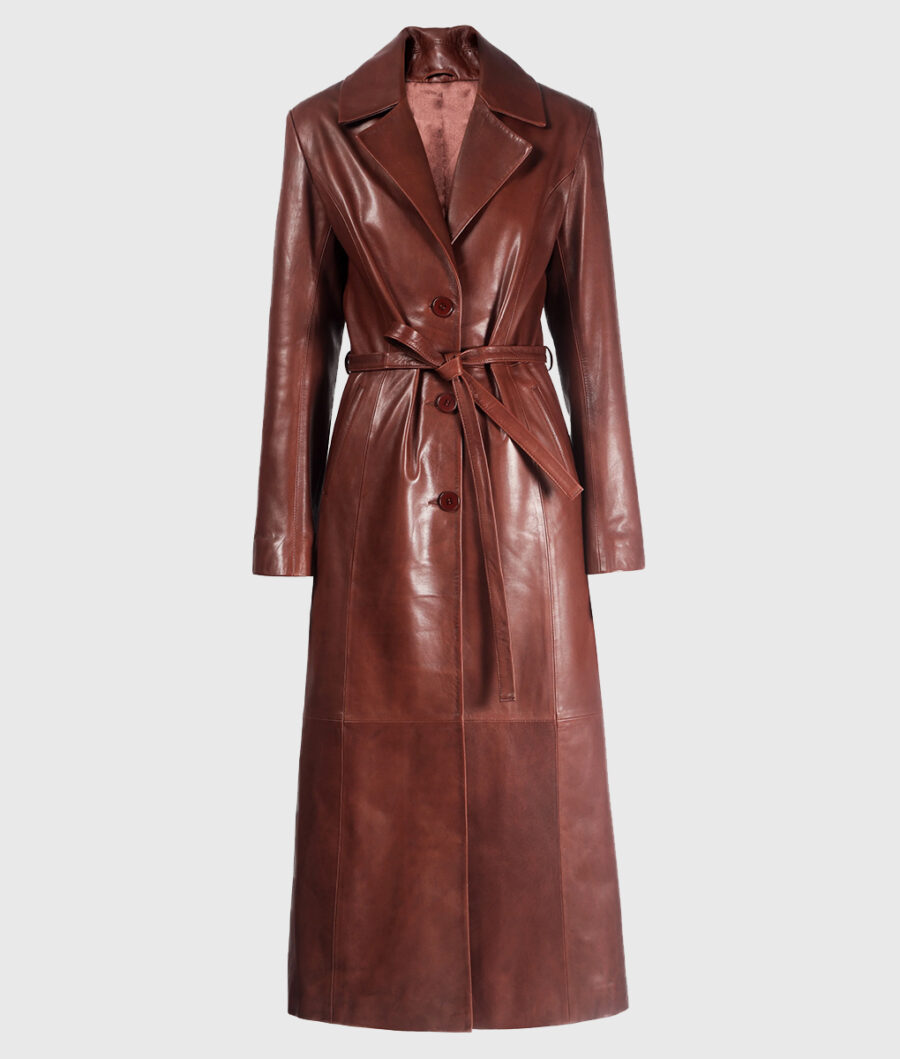 Emily Ratajkowski Belted Long Leather Coat-1