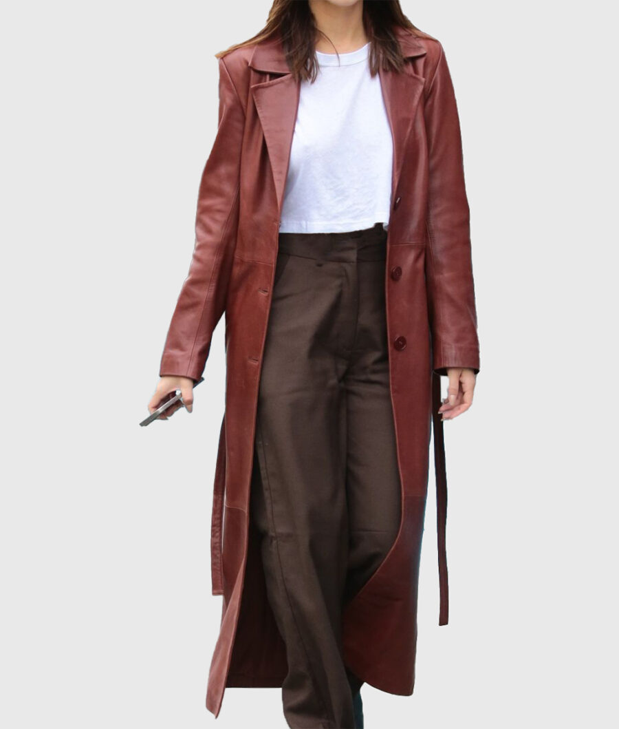 Emily Ratajkowski Belted Long Leather Coat-2