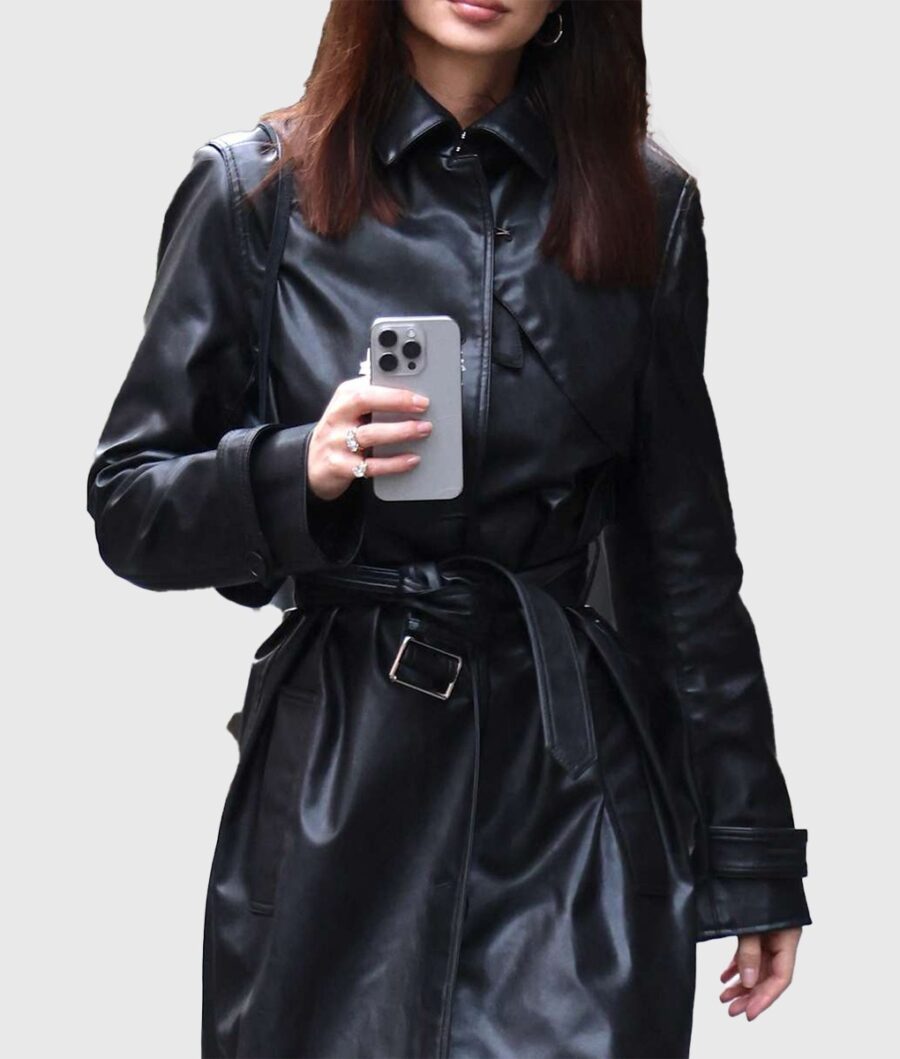 Emily Ratajkowski Birthday Bash Black Belted Leather Coat-2