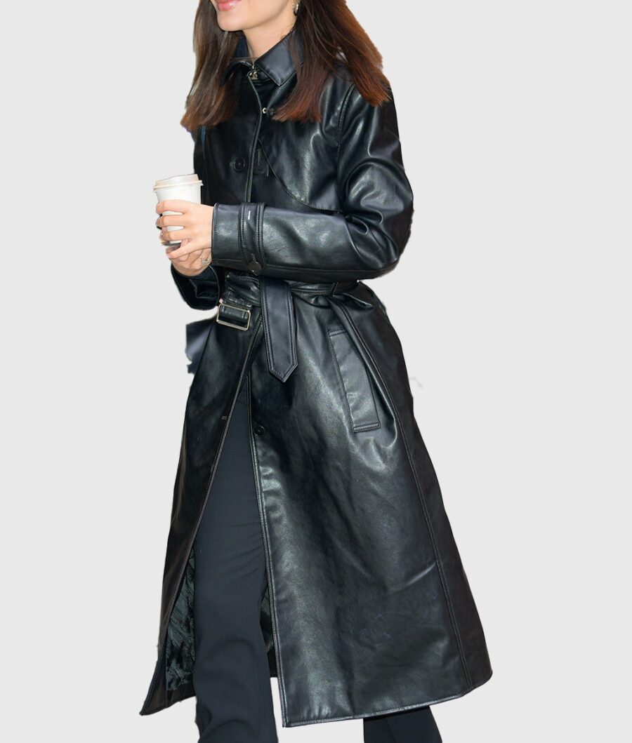Emily Ratajkowski Birthday Bash Black Belted Leather Coat-1