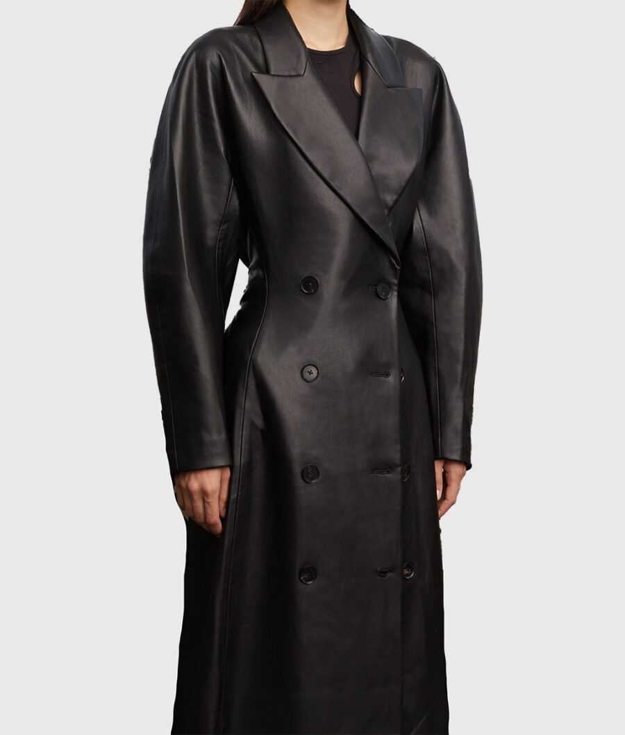 Emily Ratajkowski Belted Black Leather Coat-2
