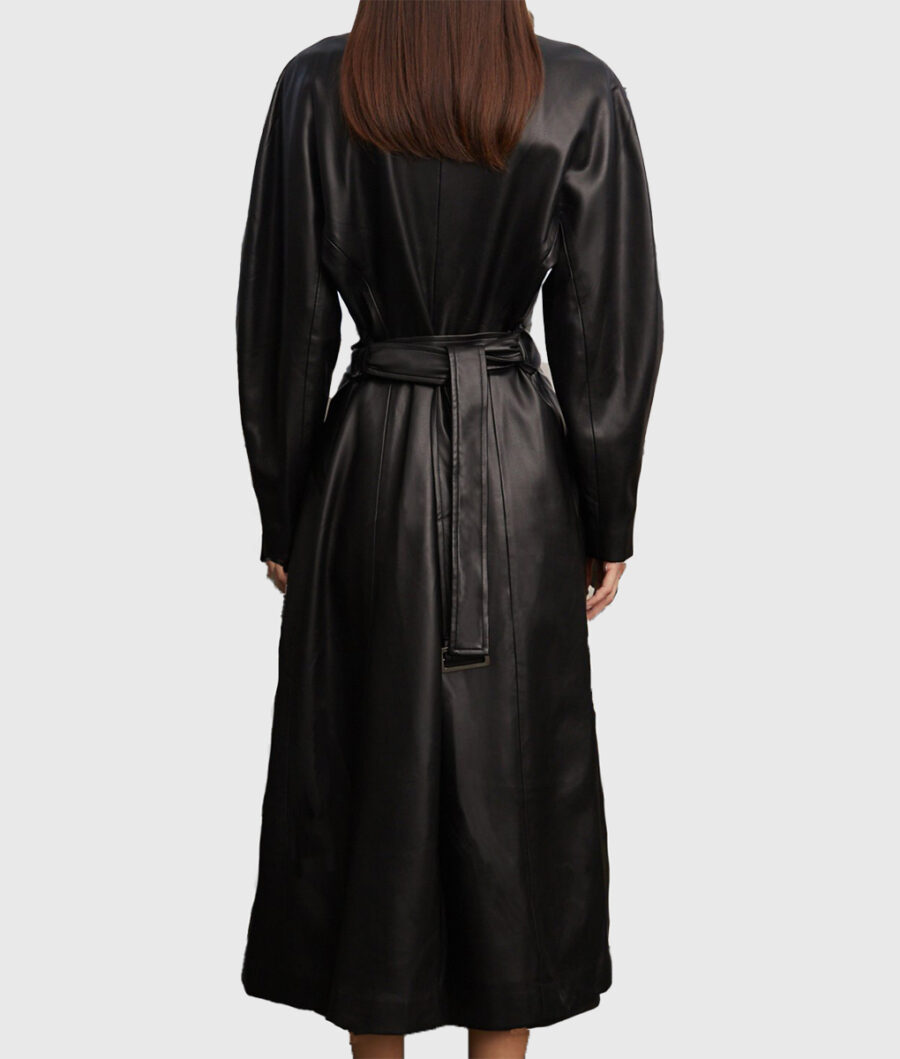 Emily Ratajkowski Belted Black Leather Coat-4