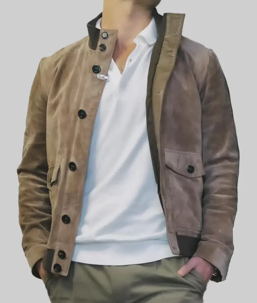 Glen Powell Brown Suede Leather Bomber Jacket-2