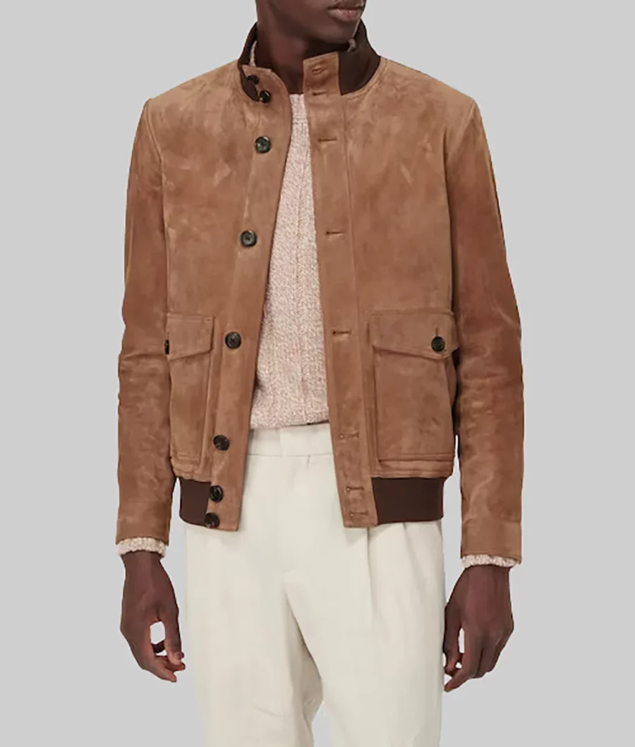 Glen Powell Brown Suede Leather Bomber Jacket-3