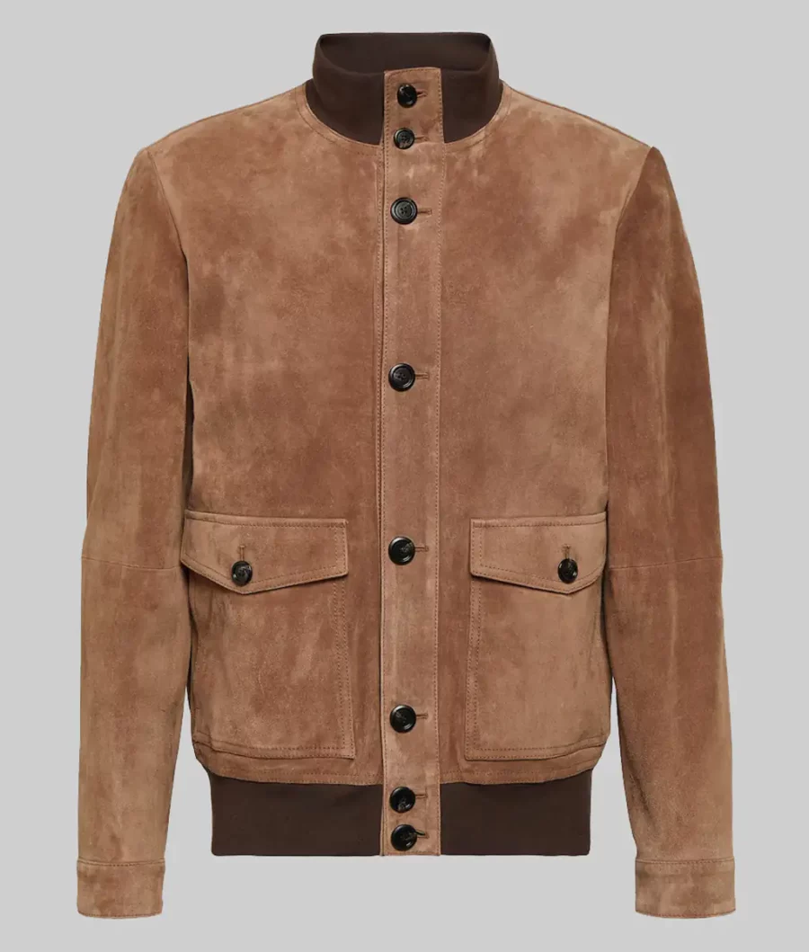 Glen Powell Brown Suede Leather Bomber Jacket-1