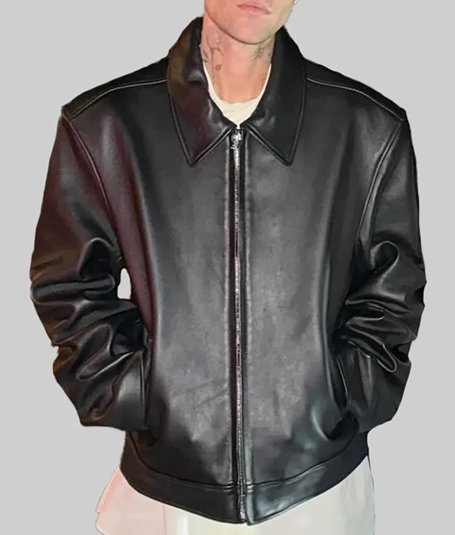 Justin Bieber Oversized Black Leather Bomber Jacket-3